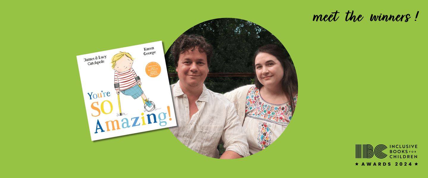 Central image of a white couple, James and Lucy Catphole, sitting in a garden. They are surrounded by a green background with a book cover on the left-hand side.  