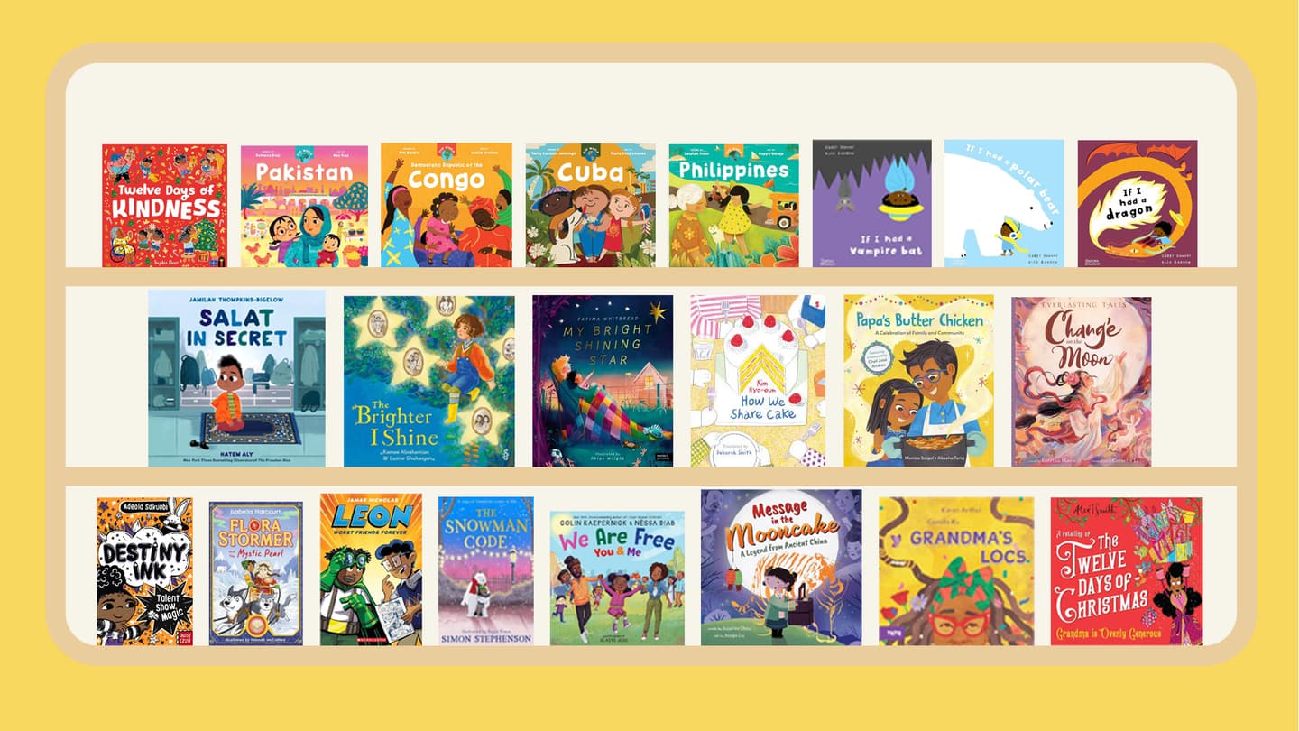 All the best new children's books for ages 1-9 released in the UK in October 2024 are shown: their cover images are arranged on a graphic illustration of a yellow bookshelf.  