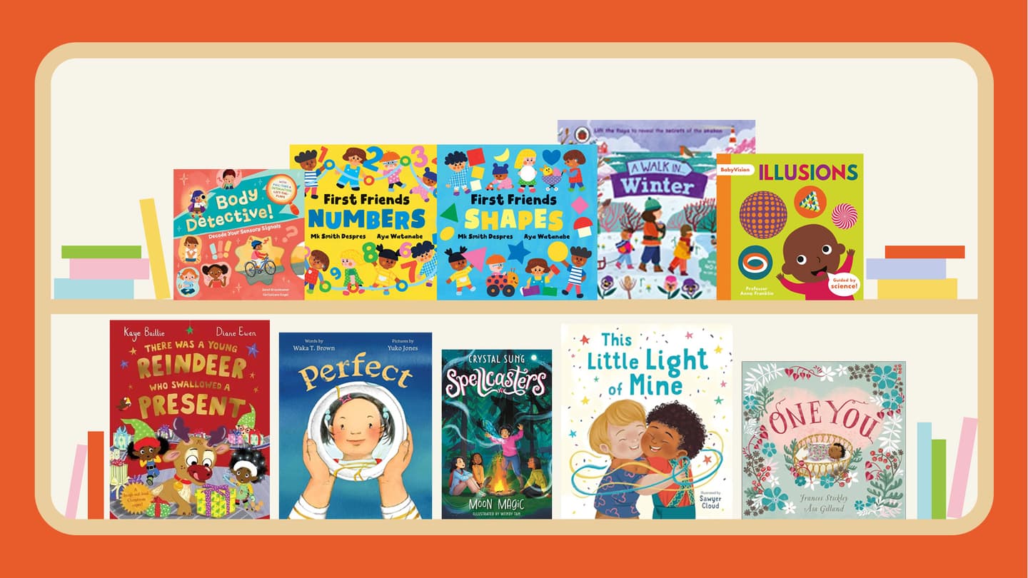 A selection of the best new diverse children's books published in the UK in November 2024 is shown, represented by their cover images displayed on a graphic illustration of a bookshelf in poppy colours. 