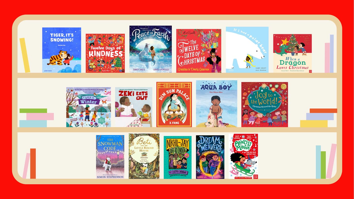 A selection of inclusive children's books for festive gifting is shown as a display of book cover images on a graphic illustration of bright red bookshelves.   