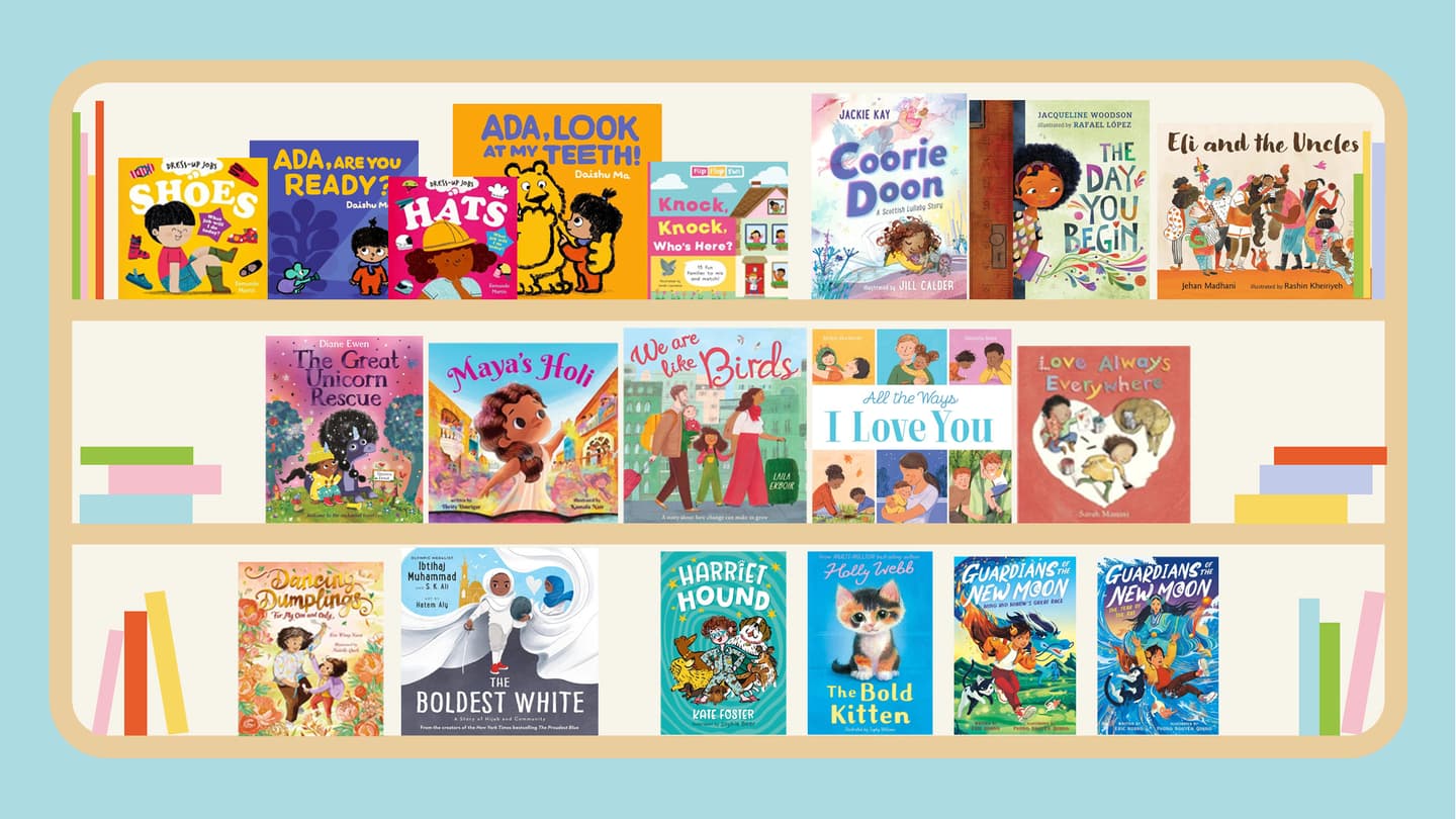 The covers of the best new inclusive books out in the UK in January 2025 are shown arranged on a graphic design of a light blue bookshelf.  