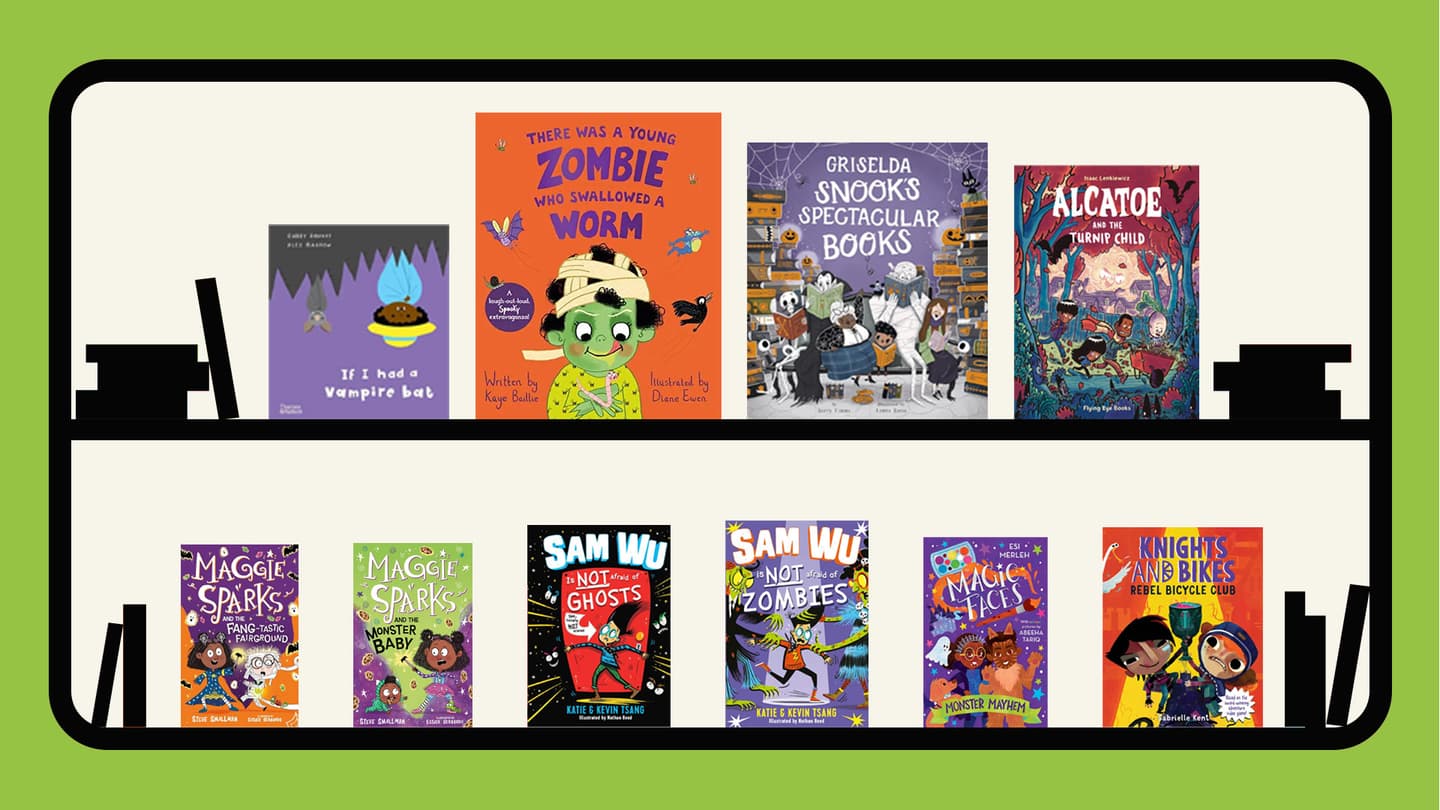 Cover images from a selection of Halloweeny inclusive books are arranged on a graphic design of slime-green and black bookshelves. 