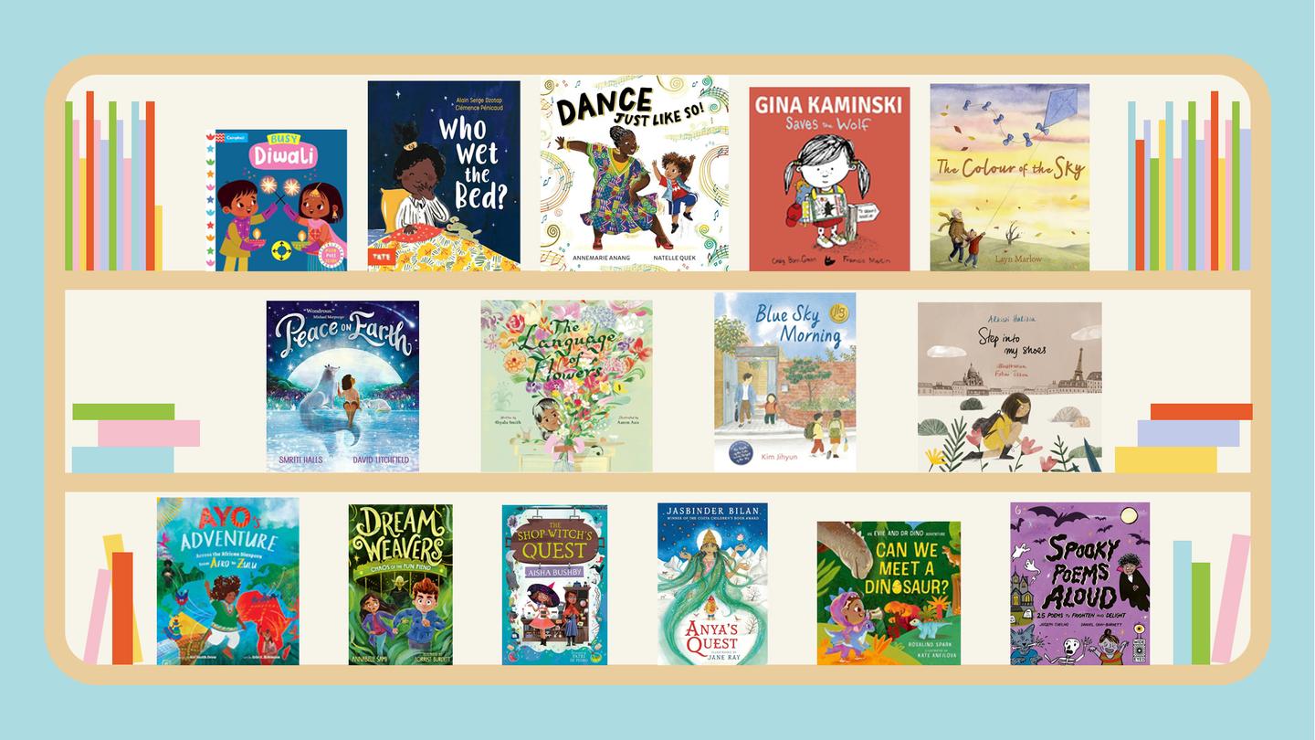 The covers of the best new inclusive children's books published in the UK in September 2024 are arranged on a graphic illustration of a bookshelf in poppy pastel colours. The books include Busy Diwali, Dance Just Like So, and Gina Kaminski Saves the Wolf. 